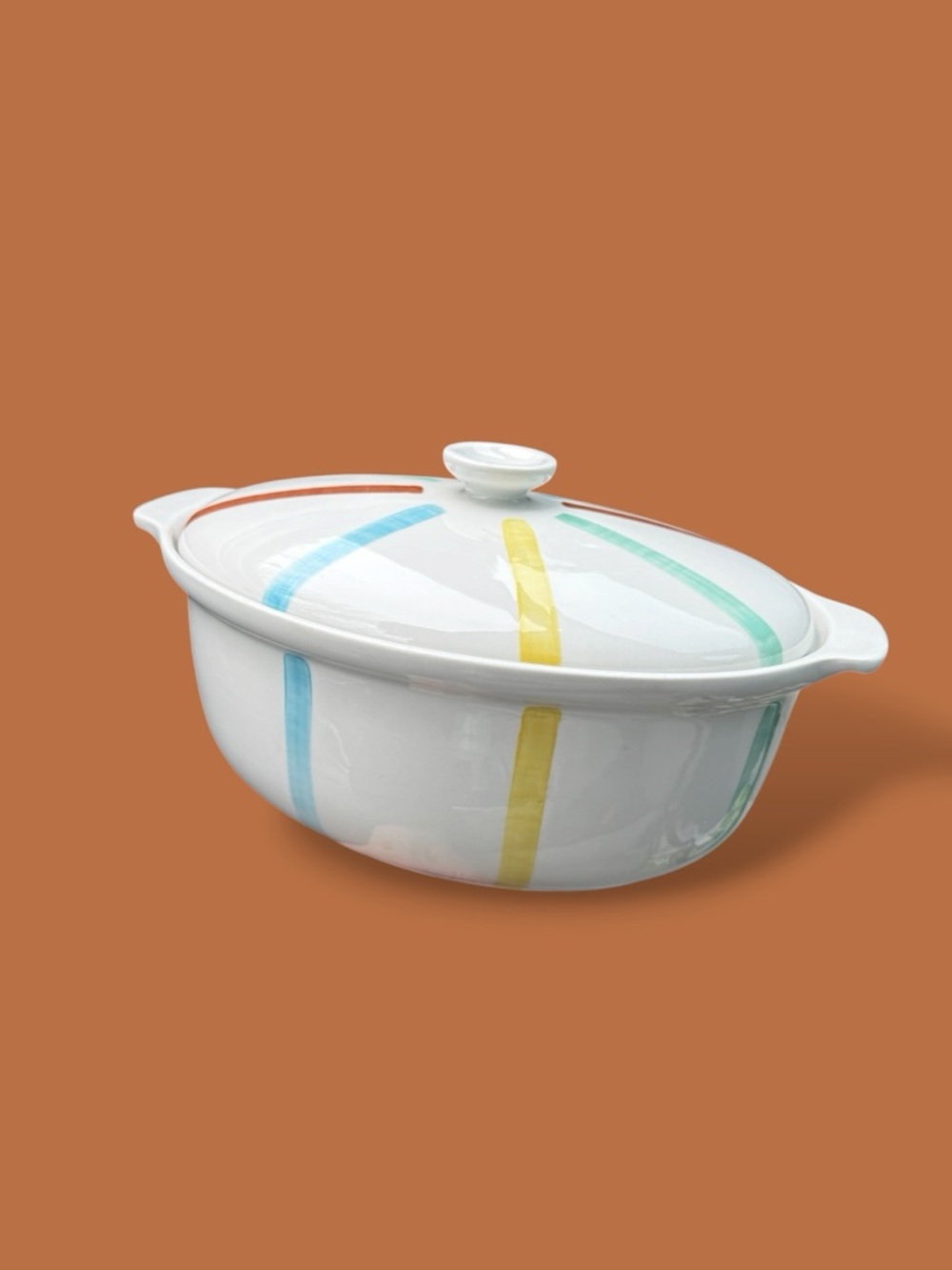 Vintage White Ceramic Casserole with Blue, Yellow & Green Stripes